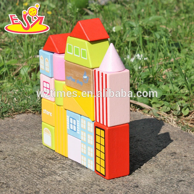 2018 New design 19 pieces wooden blocks for kids funny house shape wooden blocks for kids W13A119