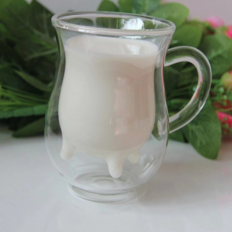 Unique design dairy cow shape milk glass cup match glass handle for drinking