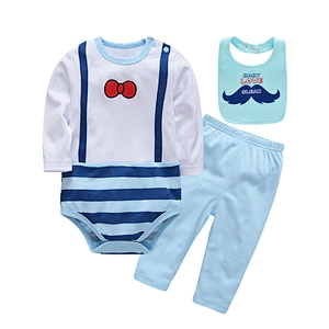 Wholesale baby clothing 3 pcs set Newborn Birthday Boy Romper Long Sleeve Bodysuit Pant with bib Baby
