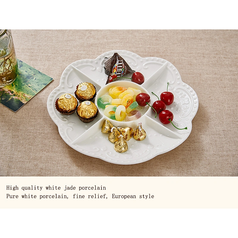 Simple Style Ceramic Dish White Lace Fruit Plate Snack Dish Customized Logo Porcelain Tableware Plate