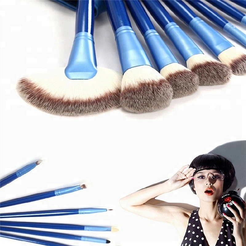 Wood Handle Synthetic Hair Blue 24pcs Cosmetic Makeup Brush Set With Roller Makeup Bag