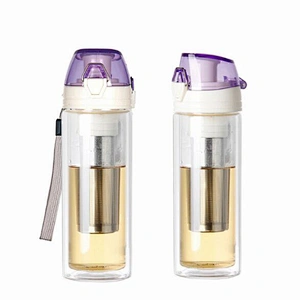 Double layer teacup with stainless steel detachable tea strainer and PVC cover cup for travel bottle