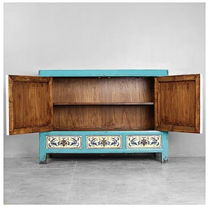 chinese antique Mediterranean blue and white painted solid wooden vintage living room buffet