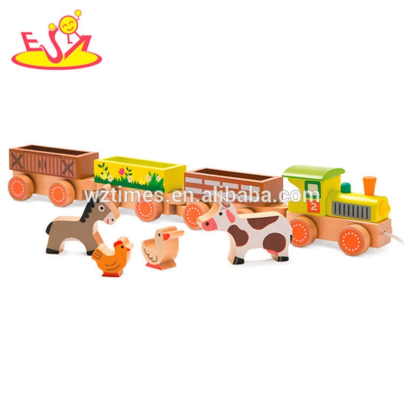 2018 wholesale baby toys wooden pull along train new design kids toys wooden pull along train with animals blocks W05C084