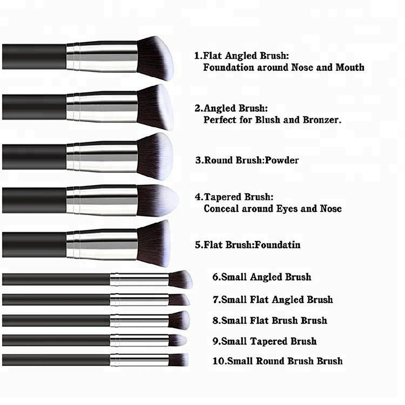 China Manufacturer Customized Logo Black 10pcs Makeup Brush Set With Makeup Bag Holder