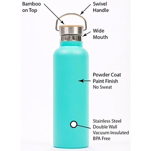 25 Oz Water Bottle w/Bamboo Lid and Handle, Vacuum Insulated, Copper Lined, Double Walled, Leak and Sweat Proof