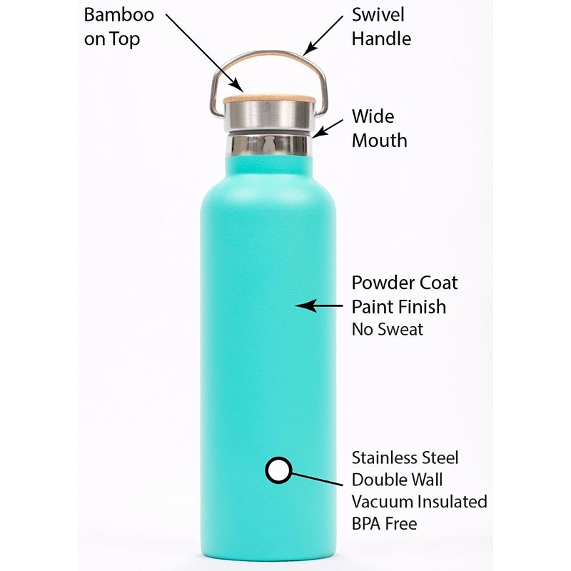 25 Oz Water Bottle w/Bamboo Lid and Handle, Vacuum Insulated, Copper Lined, Double Walled, Leak and Sweat Proof