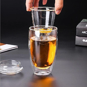 Heat Proof Double Wall Glass Cup Tumbler With Strainer And Glass Lid For Tea And Juices Drinking