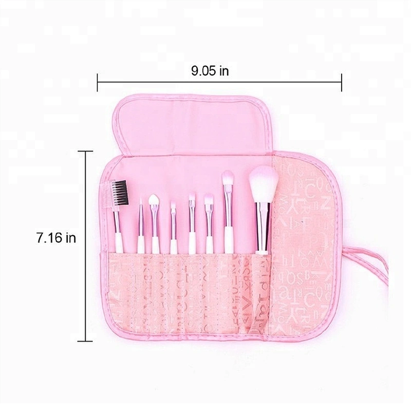 Custom Logo Wood Handle Synthetic Hair Pink 8pcs Cosmetic Comb Makeup Brush Set With Leather Bag
