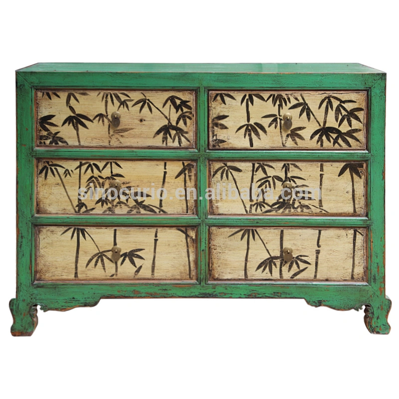Chinese antique style furniture reclaimed solid wood 6 drawer painted cabinet