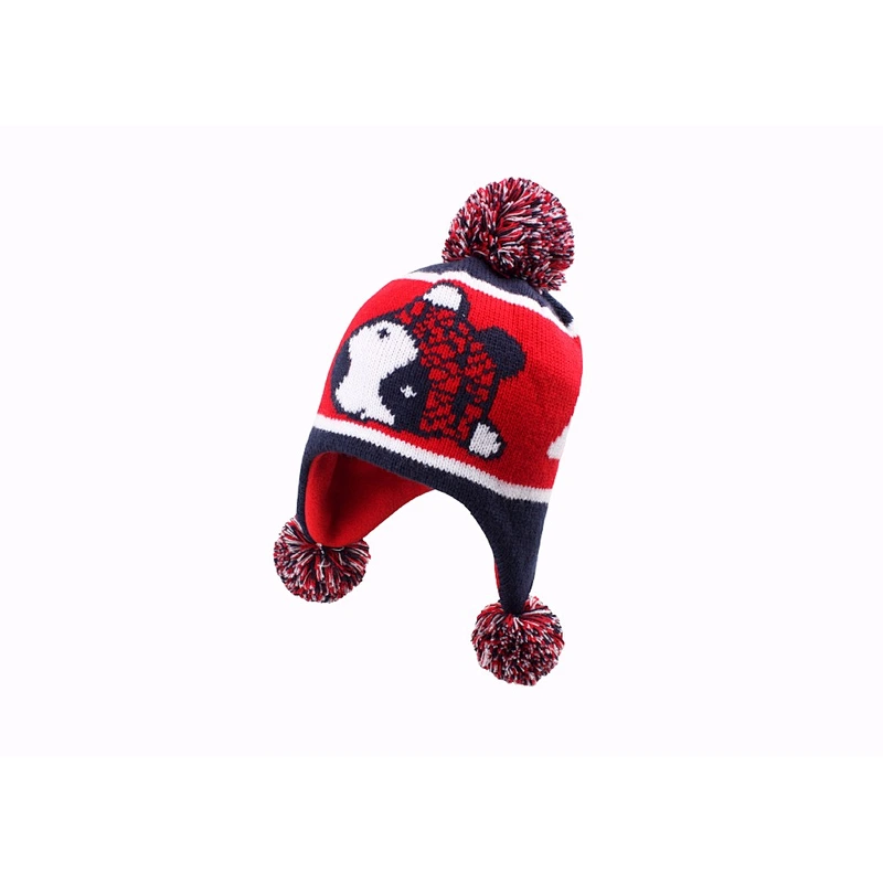 Wholesale Winter Kids Hat Fold Beanie Knitting Caps With Lovely Dog And Pom Pom Ball