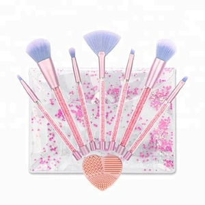 Customized Logo Glitter 7pcs Makeup Brush Set With Transparent Spangle Makeup Bag Silicone Makeup Brush Cleaning Pad