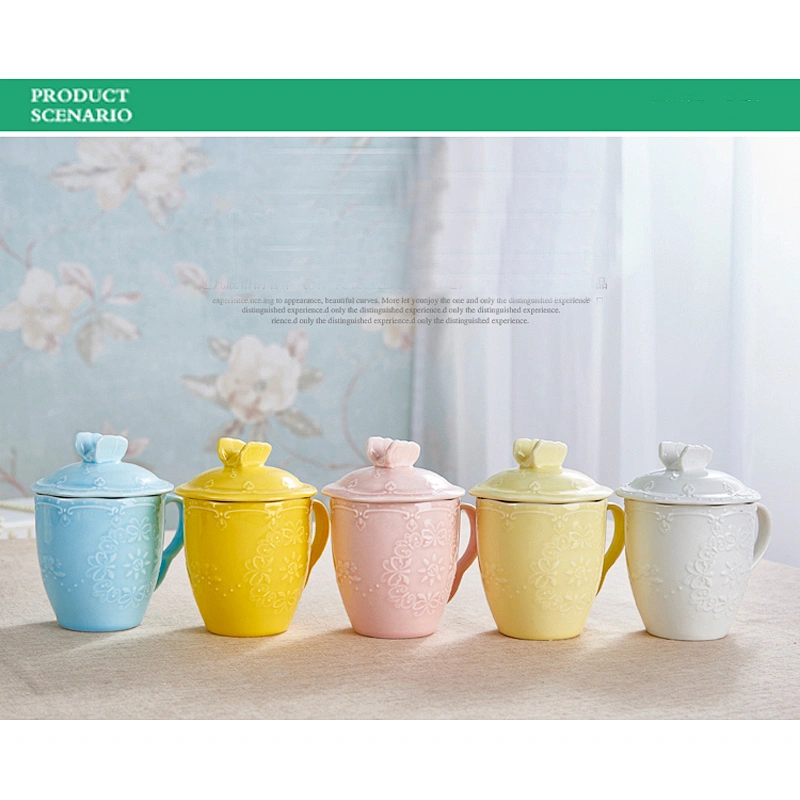 Fashionable carve pattern porcelain water cup with lad and spoon large capacity for drinking