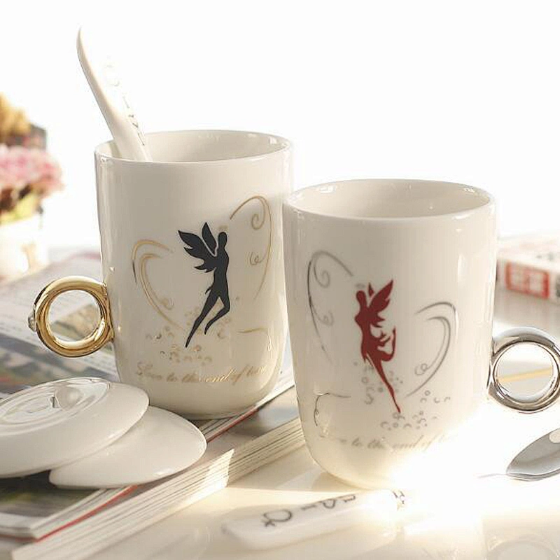 Fancy ceramic couples cups for coffee porcelain mug with spoon for wedding
