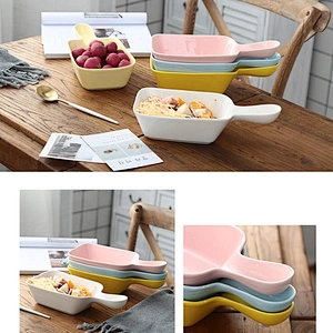 Customized Logo Tableware European Style Ceramic Handle Bowl Rectangular Square Home Fruit Salad Bowl 5.5 inch