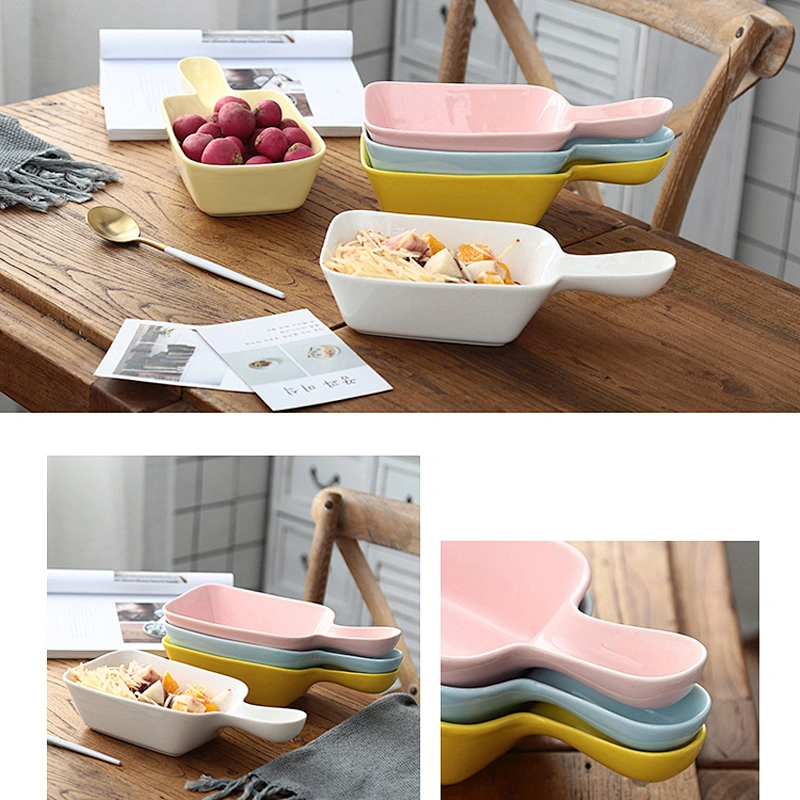 Customized Logo Tableware European Style Ceramic Handle Bowl Rectangular Square Home Fruit Salad Bowl 5.5 inch