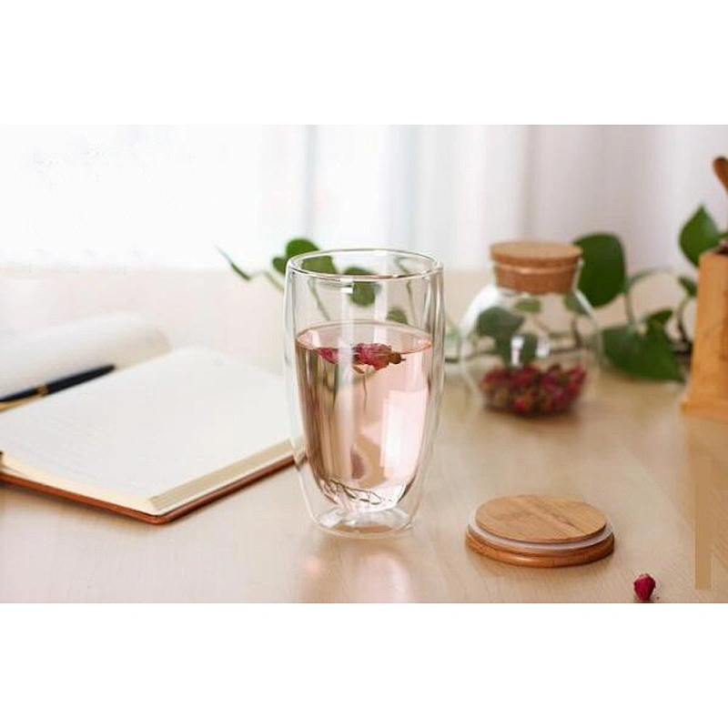 Creative Style 250 ML Double Glass  Cup With Bamboo Cover Customized Logo For Hotel Restaurant