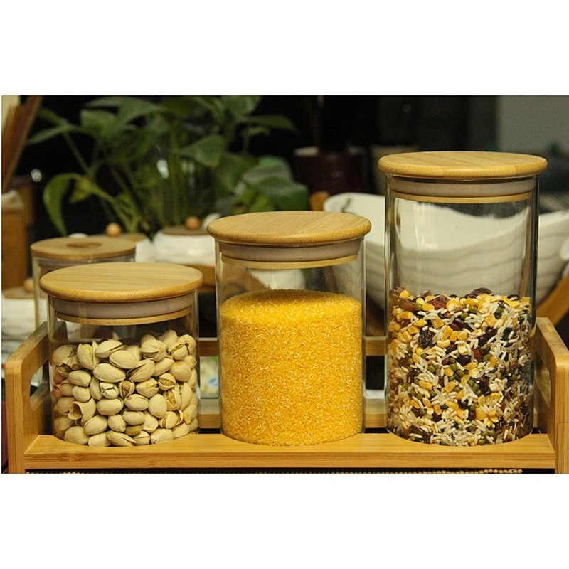 Cheap borosilicate sealed glass jar storage with wood lid for food