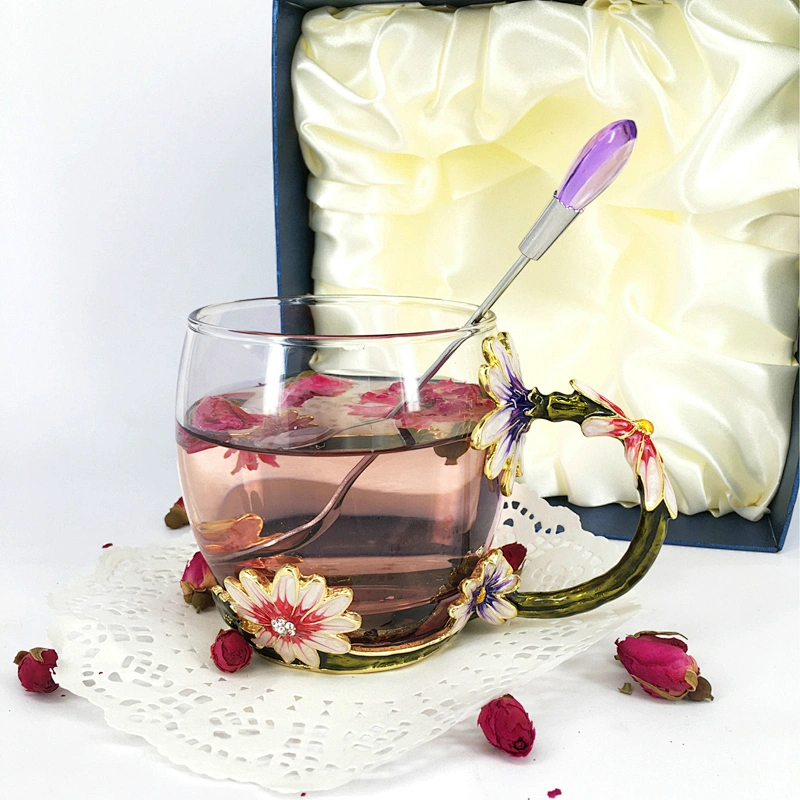Decorate carving flower pattern glass enamel cup coffee mug for lady