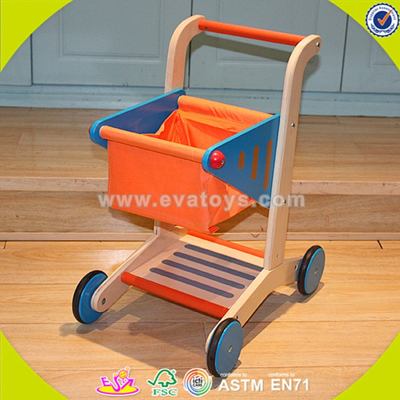 wholesale baby wooden shopping cart toy, orange color wooden shopping cart toy, cheap wooden shopping cart toy W16E016