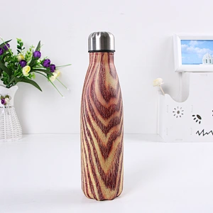 Leak-proof Wooden Grain Double Walled Stainless Steel Cola Shape Portable Water Bottle