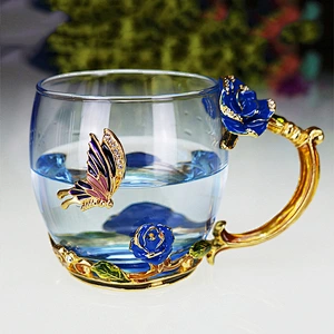 Wedding Souvenir Flower Metal Mug Custom Glass Coffee Tea Cup