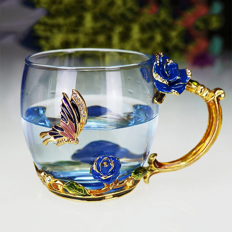 Wedding Souvenir Flower Metal Mug Custom Glass Coffee Tea Cup