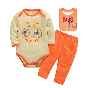 Wholesale Girl bodysuit baby clothing 3 pcs set Long Sleeve Romper cotton bib and pant