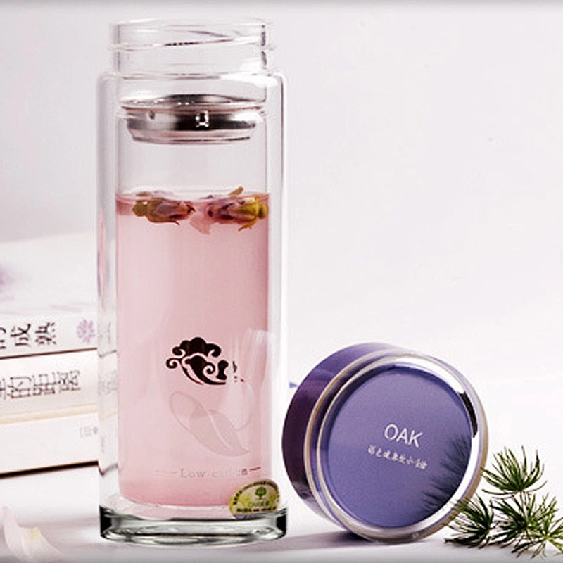 Top grade gift-box double wall glass cup logo custom with strainer