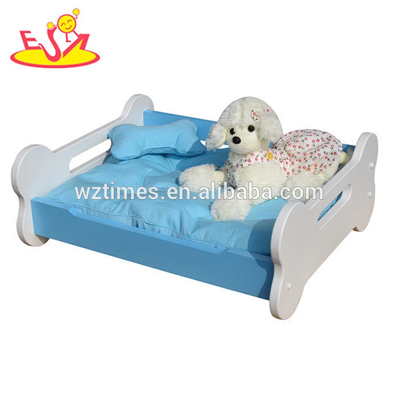 Wholesale top quality wooden blue household pet bed with cotton canvas mattress W06F007B