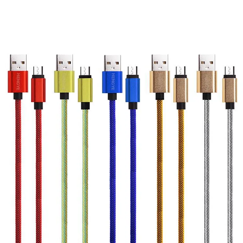 Colorful Fabric Nylon Braided Cloth Woven Metal Head Micro USB Data Charger 1m Cable