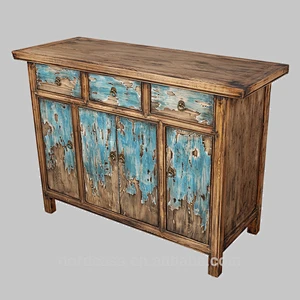 recycle pine wood three drawer four door blue chinese antique style side table