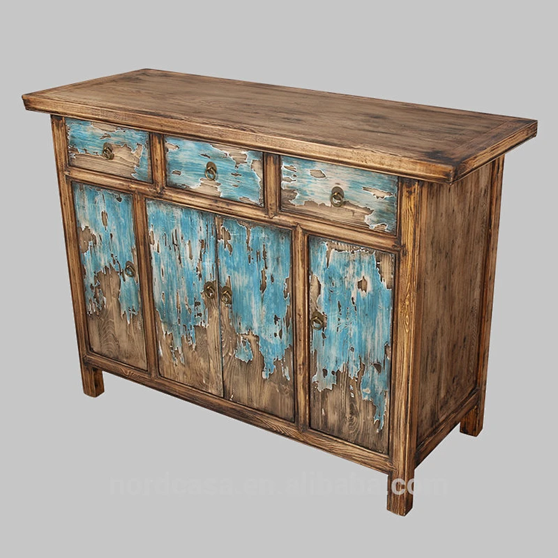recycle pine wood three drawer four door blue chinese antique style side table