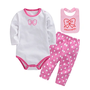 Wholesale Girl bodysuit baby clothing 3 pcs set Long Sleeve Romper cotton bib and pant