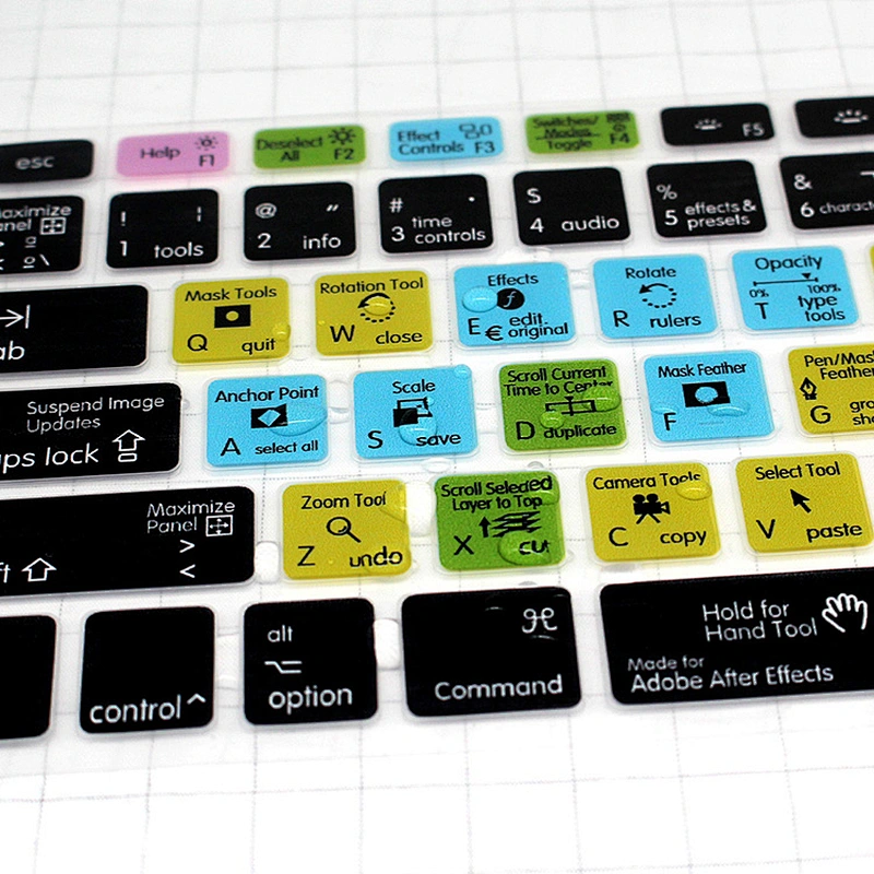 China shortcuts keyboard skin After Effects Functional Spanish silicone key cover For macbook pro 15 inch keyboard