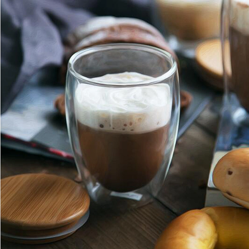 Double Layer Wall Clear Glass Tea Cup + Bamboo Lid heat resistant Coffee Milk Thermal Insulation Mug