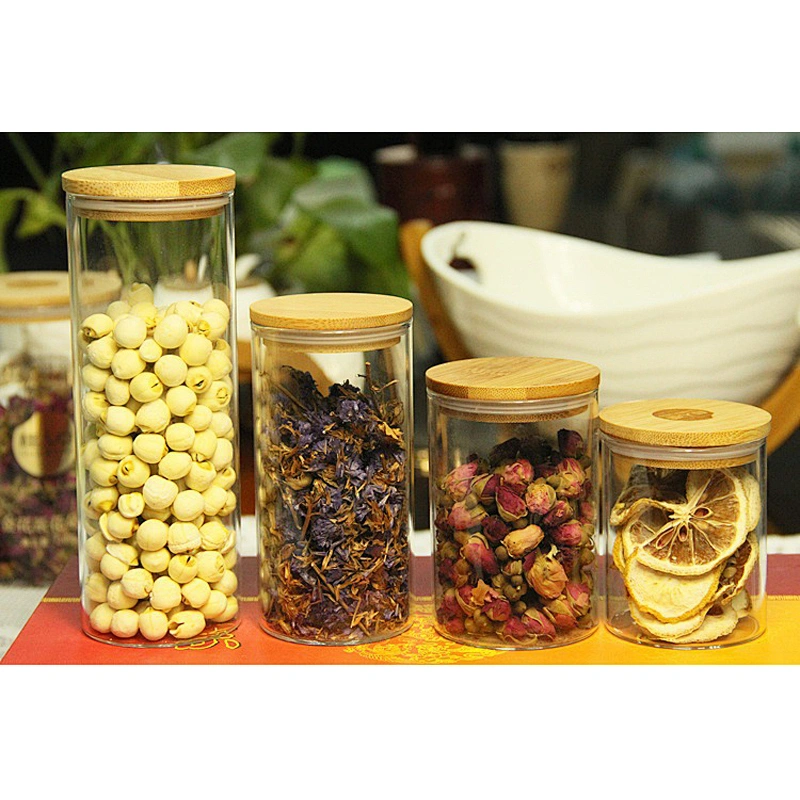 High borosilicate glass straight seal pot with bamboo lid for food
