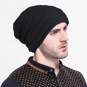 Men Slouch Beanie Skull Ski Wool Beanie Cap/Custom Leather Patch Beanie