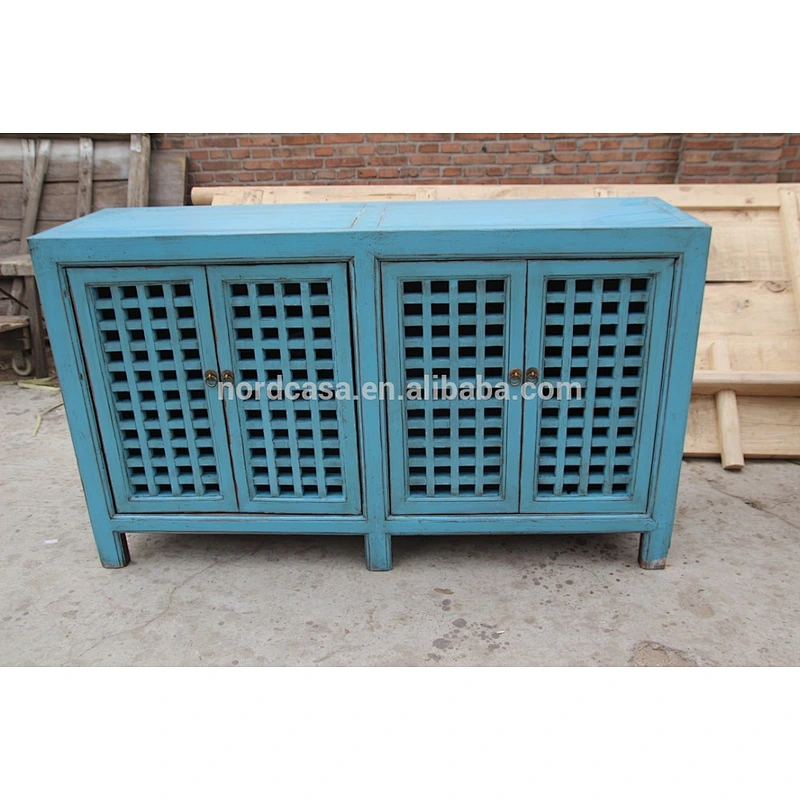 Chinese antique solid wood painted buffet sideboard Blue White Natural wood cabinet