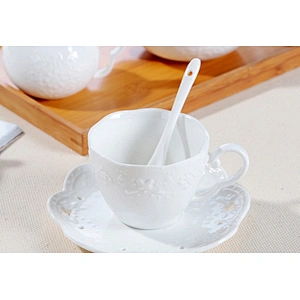Concise style white porcelain cup big capacity ceramic coffee cup and saucer 6 pieces with stand