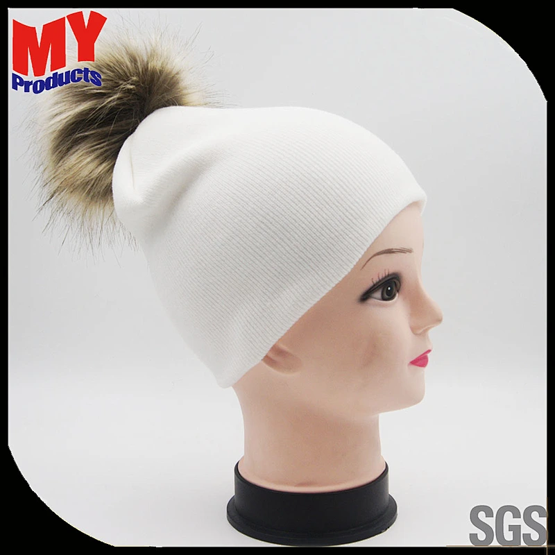 hot sale woman hat winter beanie pure custom big pompom knitted simple hat