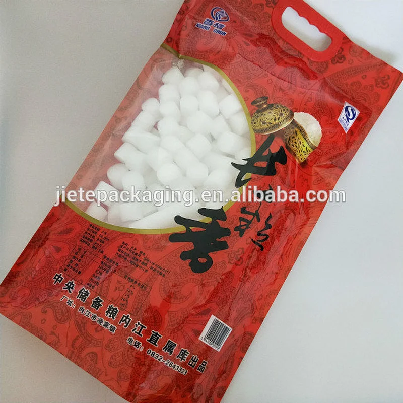 Customized transparent vacuum rice bags with plastic handle for snack,food,flour,sugar,salt