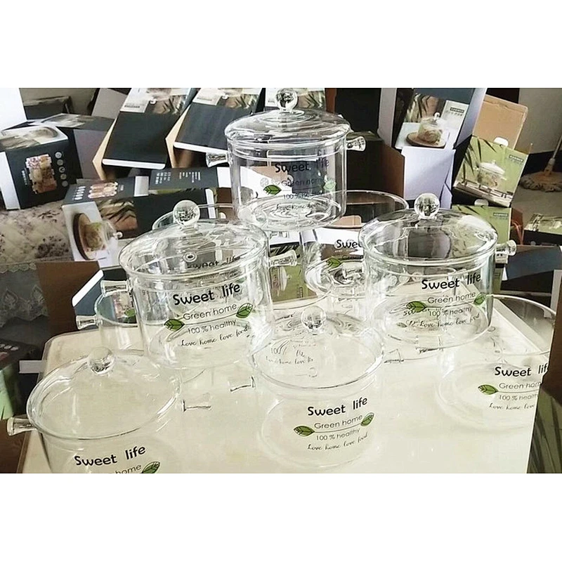 1.3L borosilicate heat resistant transparent glass cooking pot, pyrex glass cooking pot