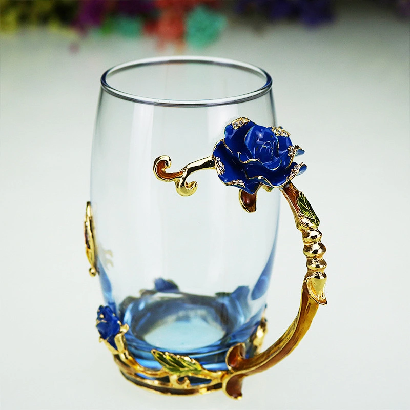 2019 New Enamel Crystal Glass Mug China Enamel Floral Design Glass Coffee Cup Luxury Custom logo Glass Tea Cup