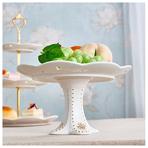 Good Quality Ceramic Tableware Fruit Cake Dessert Dish Customized Logo Pottery High Foot Snacks Plate Gifts