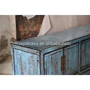 Six door four drawer reclaimed wood shiny finish TV cabinet Blue Asian high glossy antique chinese furniture old cabinet
