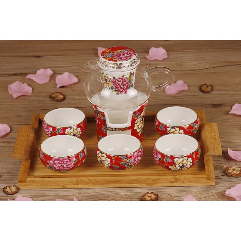 China Celebrity red peony pattern tea cup set glass bottle for wedding