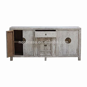 Oriental antique vintage solid wooden white lacquer buffet distressed cabinet