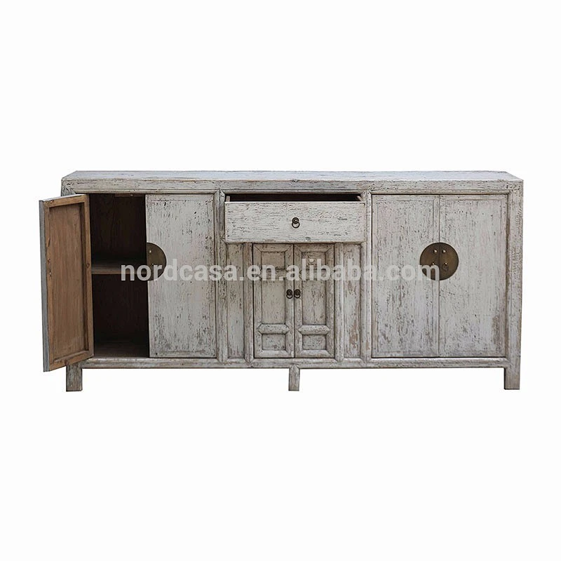 Oriental antique vintage solid wooden white lacquer buffet distressed cabinet