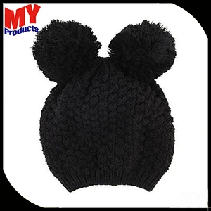 Adults black animal ear acrylic pom pom knitted winter hats